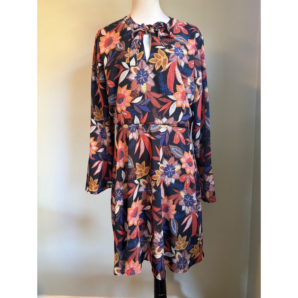 Boho Floral Long sleeve Mini Dress Black Orange whimsigoth flowy retro lotus 16‎